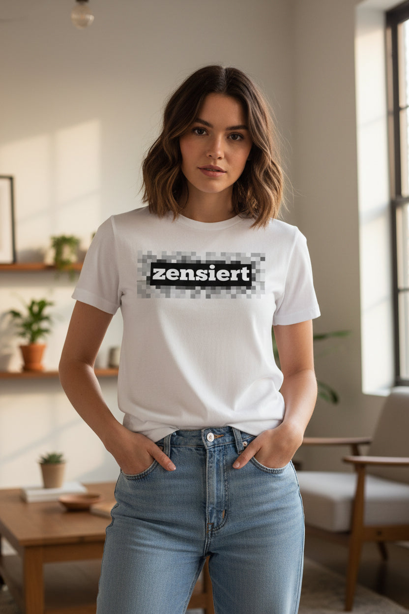 White unisex cotton T-shirt by flyliving, featuring "zensiert" in a black bar with a grey pixelated background, worn by a woman in blue jeans.