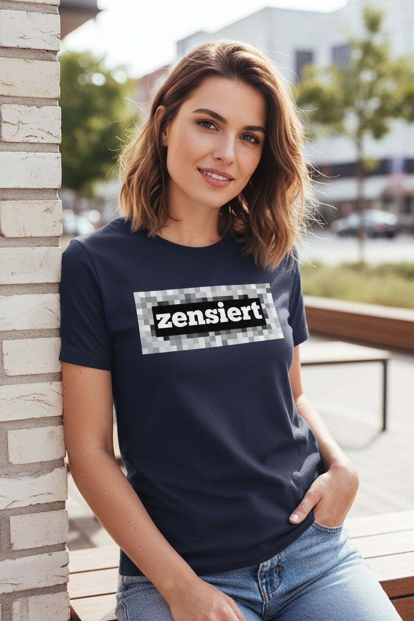 Dark blue 100% cotton unisex t-shirt by flyliving with a 'zensiert' graphic in white text on a pixelated background.