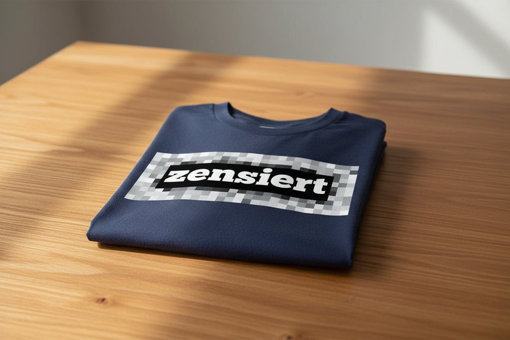 Navy blue cotton T-shirt with white 'zensiert' text in a black box on a pixelated background by flyliving, folded on a wooden table.