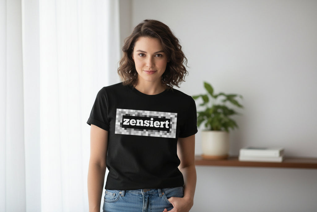 Black T-shirt by flyliving with white "zensiert" text on a pixelated grey rectangle, worn by a woman.