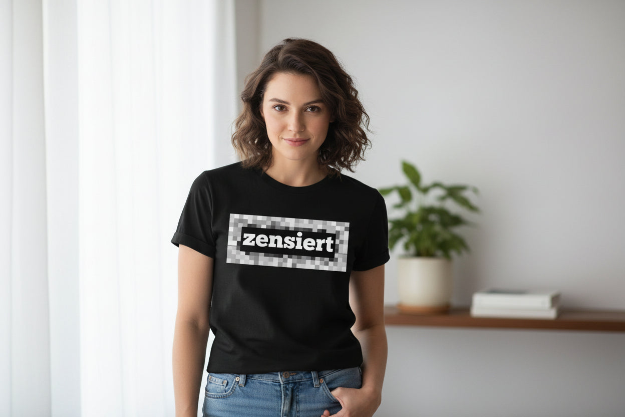 Black T-shirt by flyliving with white "zensiert" text on a pixelated grey rectangle, worn by a woman.