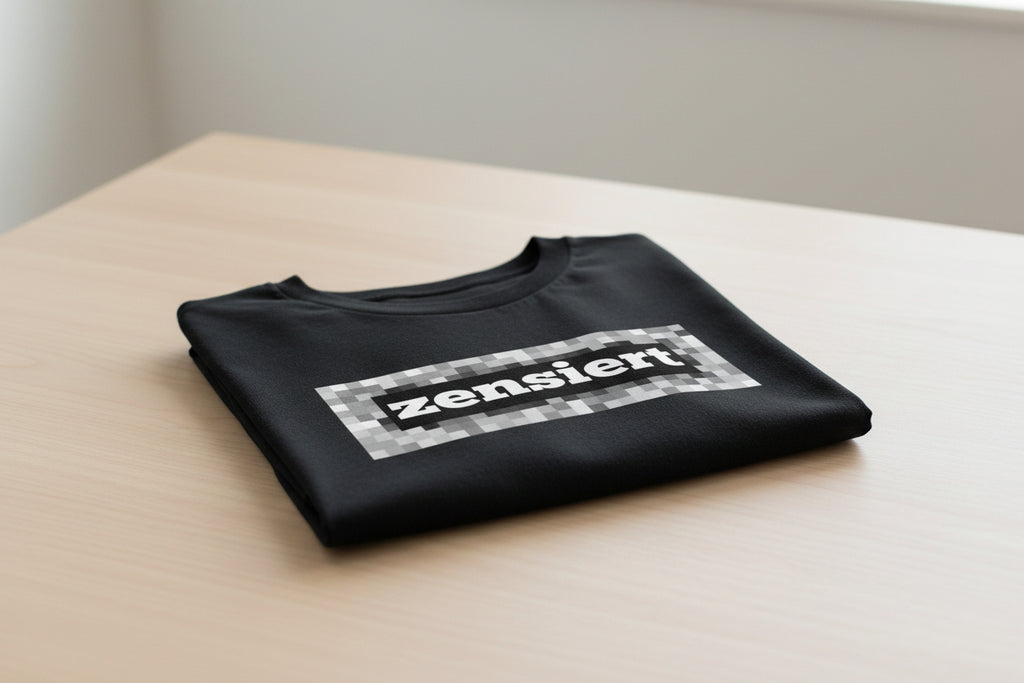 Black cotton T-shirt by flyliving featuring white 'zensiert' text on a pixelated gray and white background, folded on a light wooden table.
