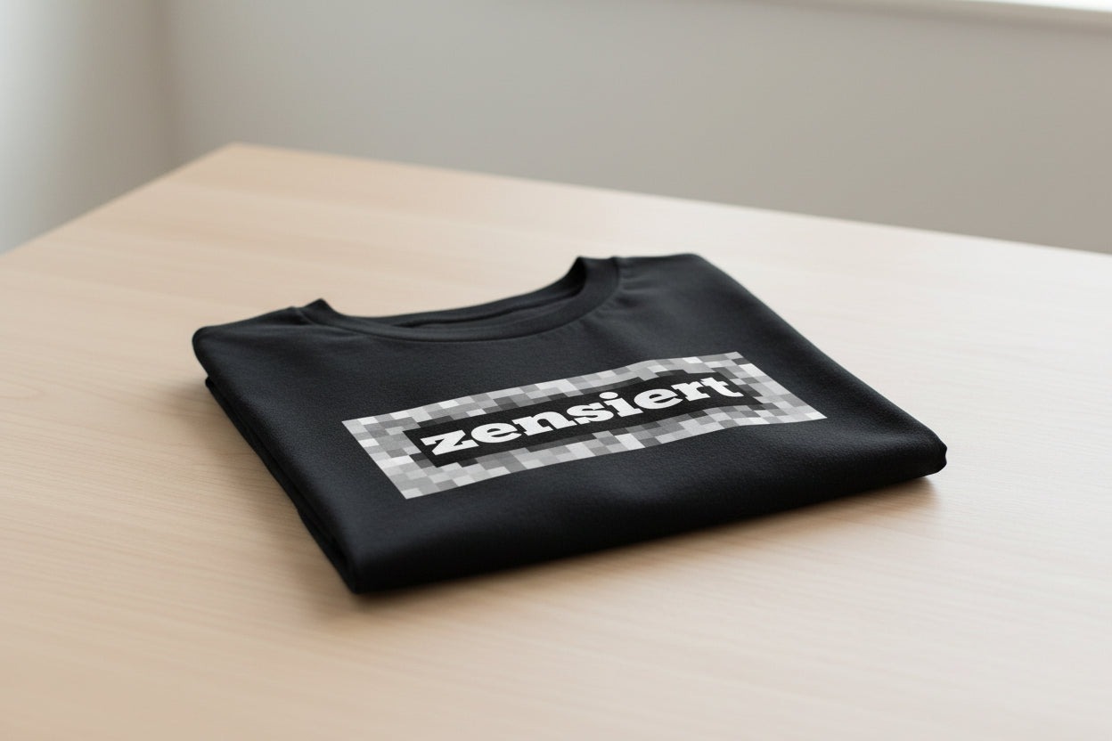 Black cotton T-shirt by flyliving featuring white 'zensiert' text on a pixelated gray and white background, folded on a light wooden table.