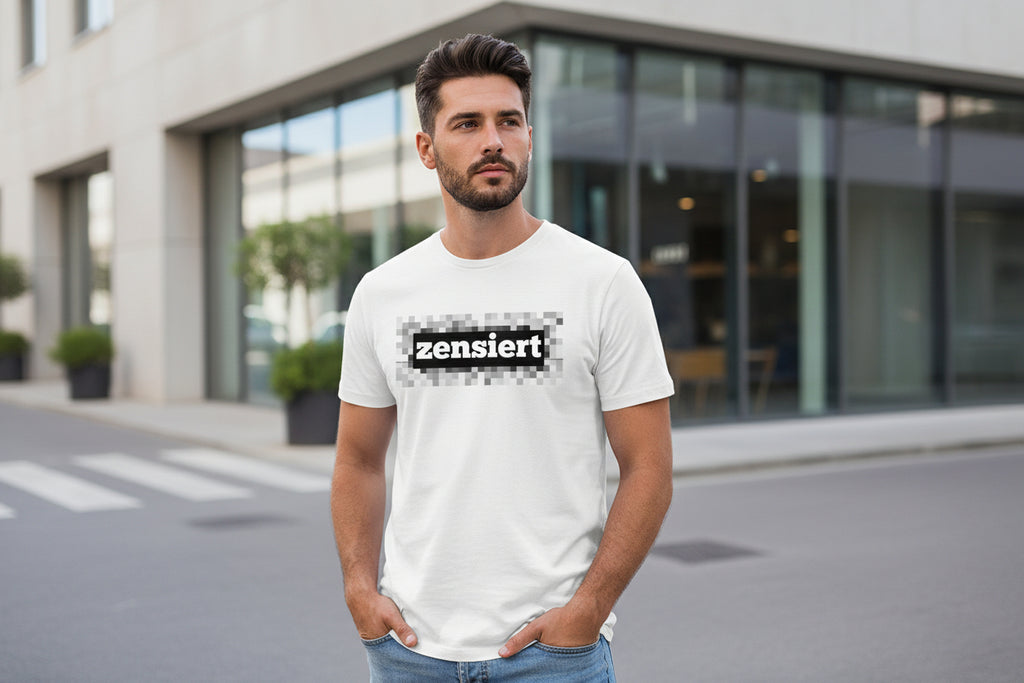 White T-shirt by flyliving featuring 'zensiert' text on a pixelated background, worn by a man in an urban setting.