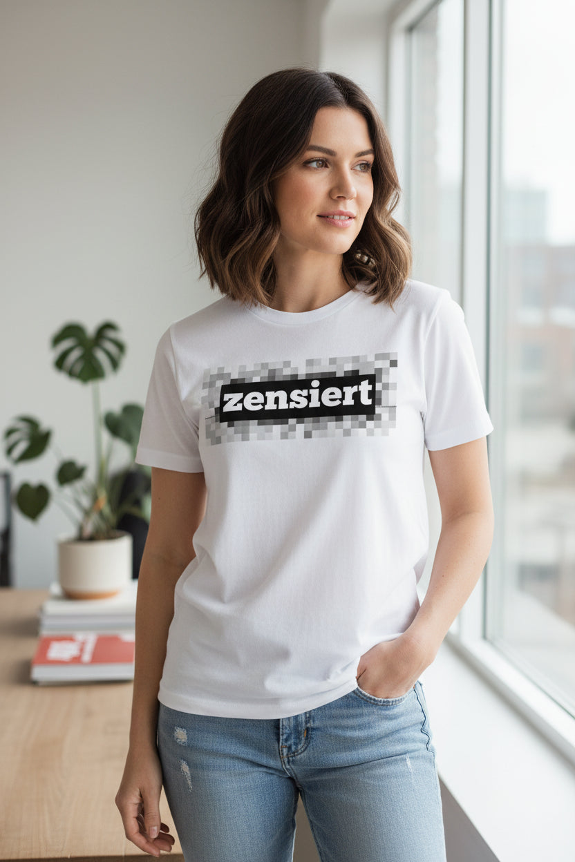 White cotton T-Shirt with "zensiert" print by flyliving, featuring a black block and gray pixel pattern, worn by a woman with blue jeans.