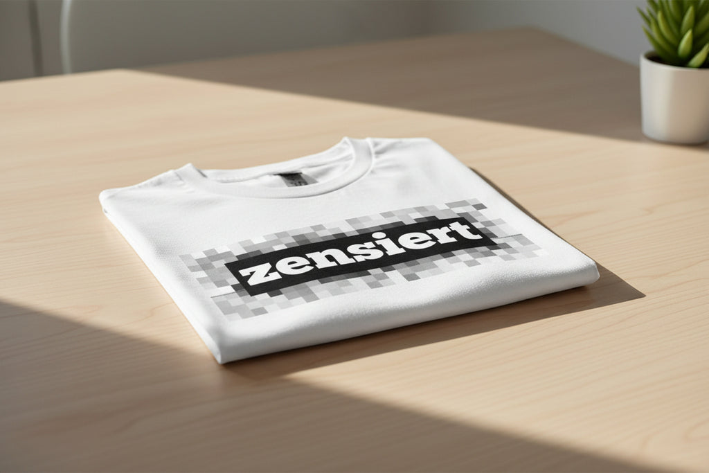 White cotton T-shirt with "zensiert" text by flyliving, featuring a black box and pixelated gray pattern, folded on a wooden table.