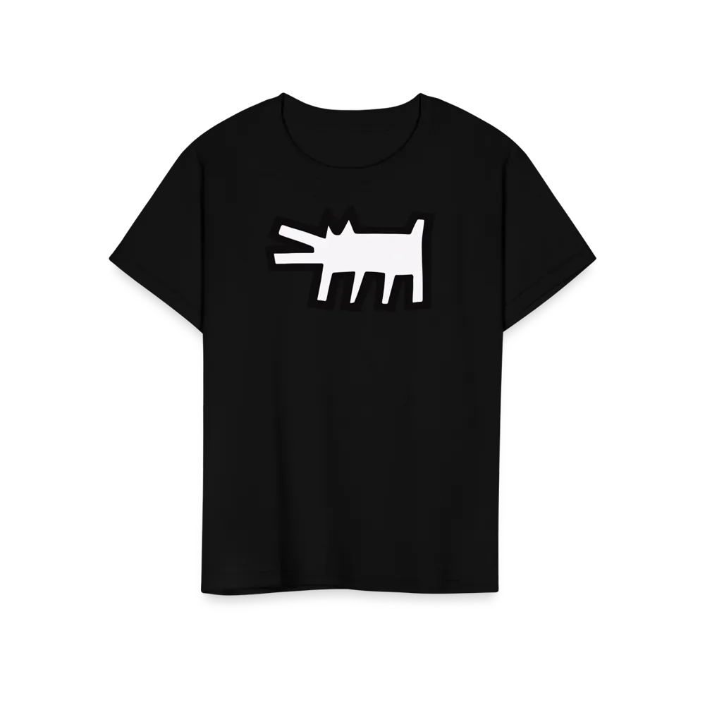 Das Art-O-Rama Shop T-Shirt "The Barking Dog Icon, 1990" in Schwarz zeigt eine auffällige weiße Cartoon-Hundegrafik auf der Brust, inspiriert vom Street-Art-Stil.