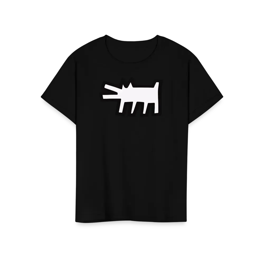 Das Art-O-Rama Shop T-Shirt "The Barking Dog Icon, 1990" in Schwarz zeigt eine auffällige weiße Cartoon-Hundegrafik auf der Brust, inspiriert vom Street-Art-Stil.