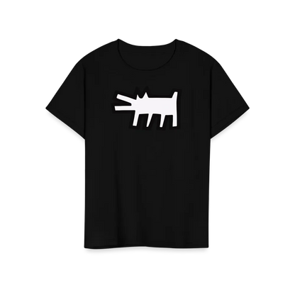 Das Art-O-Rama Shop T-Shirt "The Barking Dog Icon, 1990" in Schwarz zeigt eine auffällige weiße Cartoon-Hundegrafik auf der Brust, inspiriert vom Street-Art-Stil.
