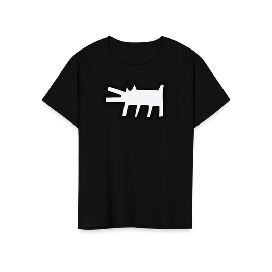 Das Art-O-Rama Shop T-Shirt "The Barking Dog Icon, 1990" in Schwarz zeigt eine auffällige weiße Cartoon-Hundegrafik auf der Brust, inspiriert vom Street-Art-Stil.