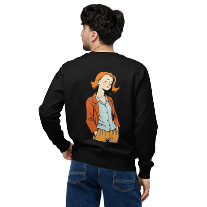 Ein Mann mit dunklen Haaren blickt in die Ferne. Er trägt den schwarzen flyliving Pullover "chill" aus 100% Bio-Baumwolle, auf dessen Rückseite eine Frau mit kurzen orangefarbenen Haaren, roter Jacke, hellblauem Hemd und hellbrauner Hose abgebildet ist.