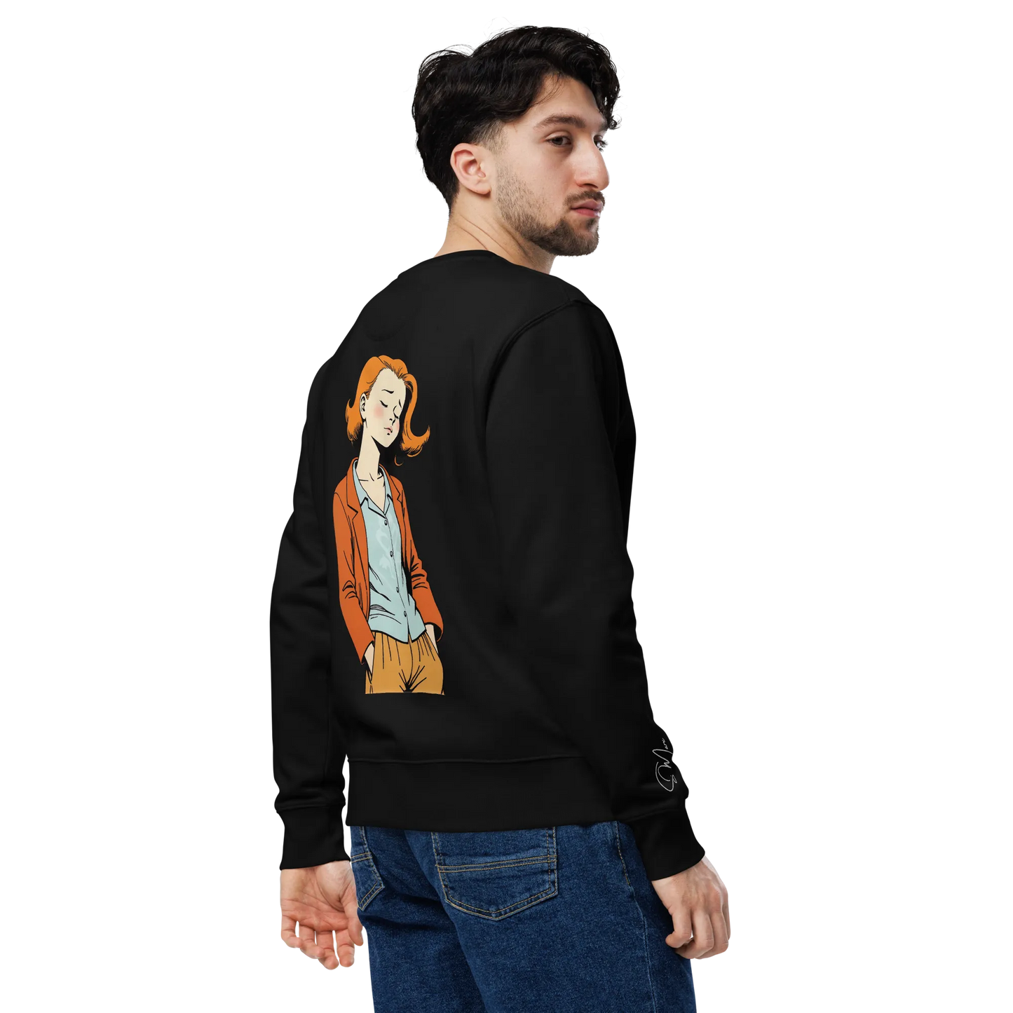 Ein Mann in Jeans und dem flyliving Pullover "chill", mit einer lebendigen Grafik einer Frau in einer orangen Jacke auf dem Rücken, steht vor einem schwarzen Hintergrund - ideal für einen entspannten Lifestyle.