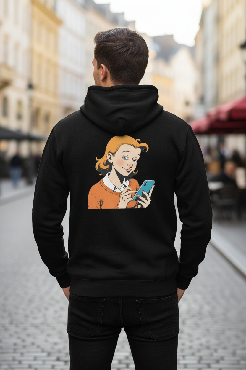 Black Unisex Zip Hoodie by flyliving with a retro comic print of a woman on the back, worn from behind.