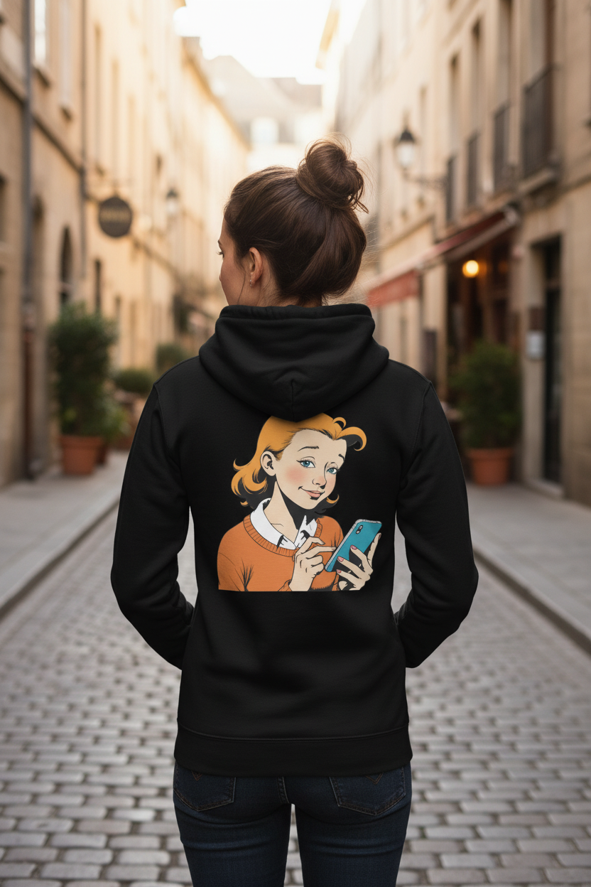 Black Unisex Zip Hoodie by flyliving with a retro comic print of a ginger-haired woman holding a blue smartphone on the back, worn from behind.