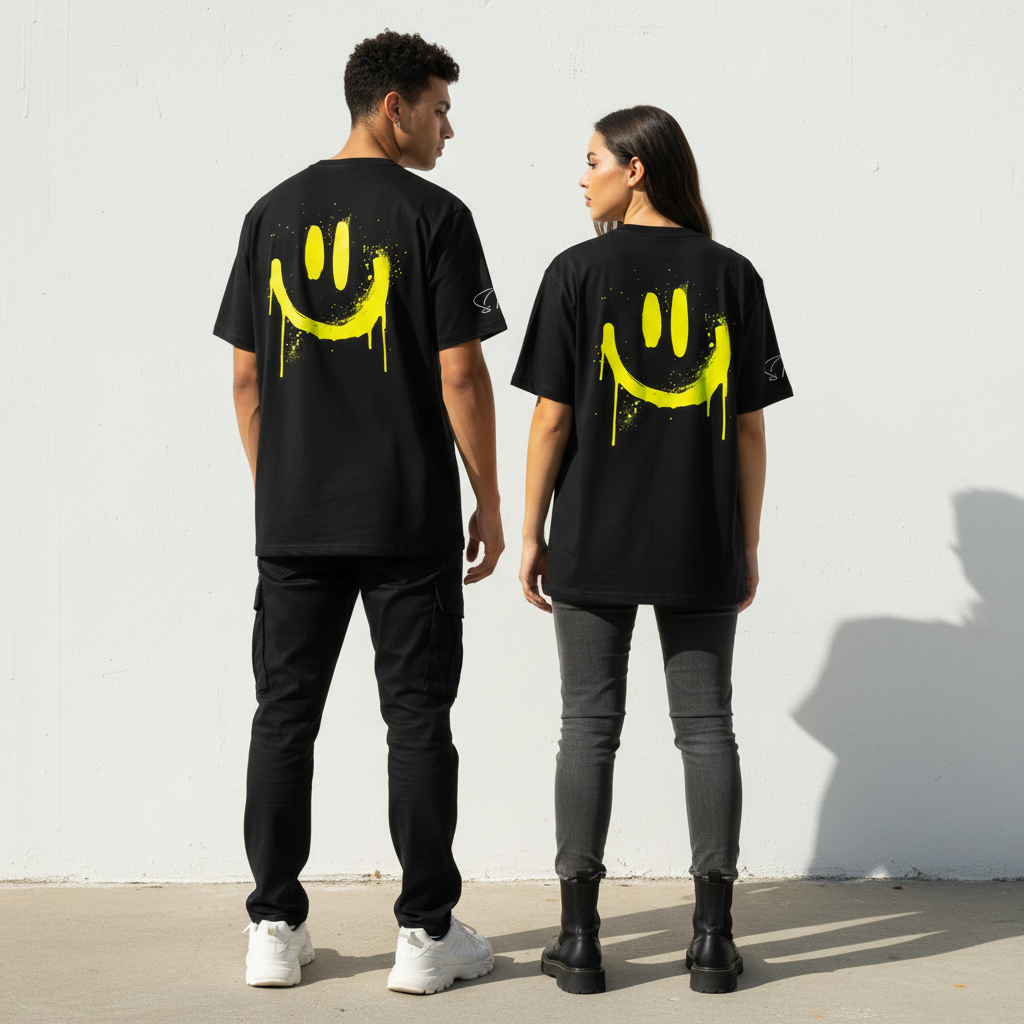 Schwarzes unisex bio-t-shirt aus 100% baumwolle mit neon gelbem tropfendem smiley auf der rückseite