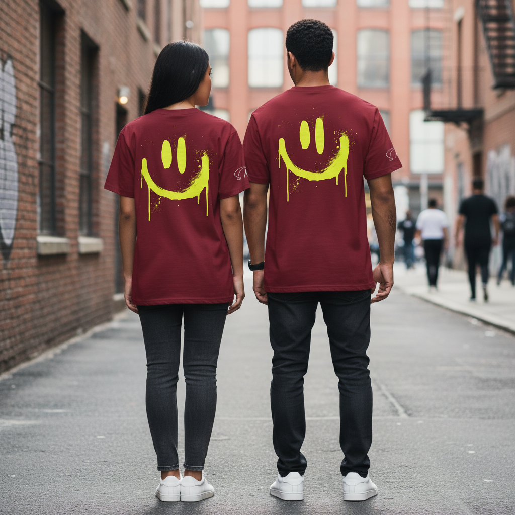 Unisex bio t-shirt neon smiley in maroon mit leuchtend gelbem tropfendem smiley grafik aus 100 prozent bio-baumwolle