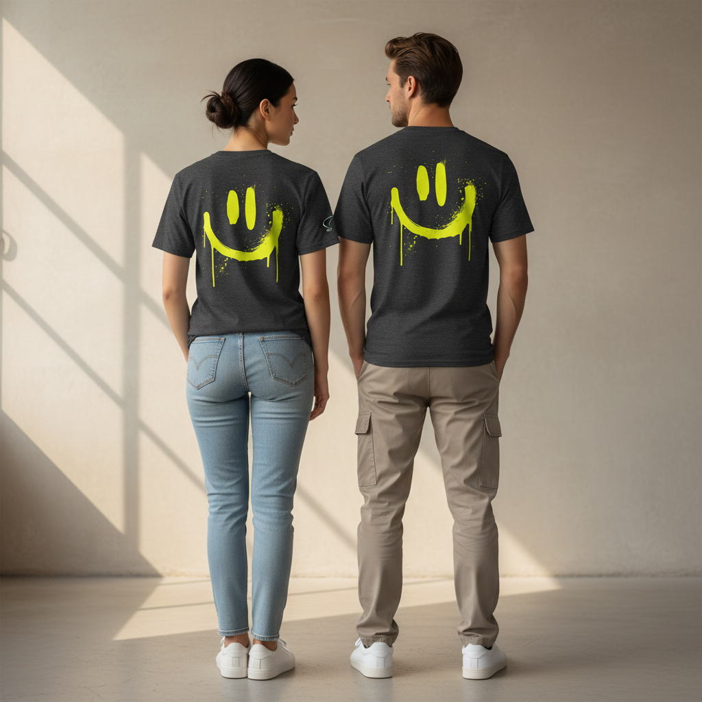 Unisex bio-t-shirt neon smiley mit gelbem lachgesicht und tropfeffekt aus 100 % bio-baumwolle