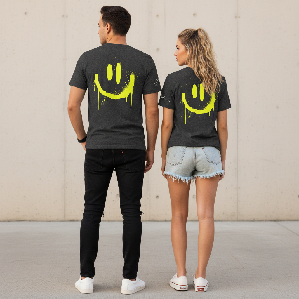 Unisex bio t-shirt neon smiley schwarz mit leuchtend gelbem tropfendem smiley aus 100% bio-baumwolle