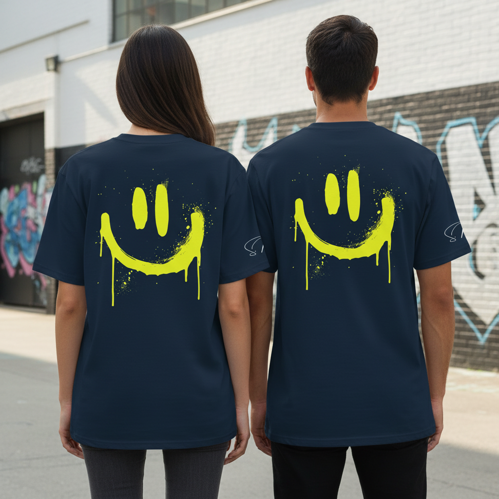 Unisex bio t-shirt neon smiley aus 100 prozent bio baumwolle navy blau mit gelbem spray paint lachgesicht auf der rückseite