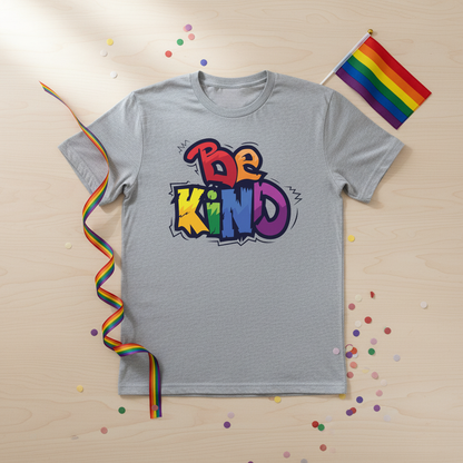 Graues unisex t shirt aus bio baumwolle mit buntem regenbogen be kind graffiti print