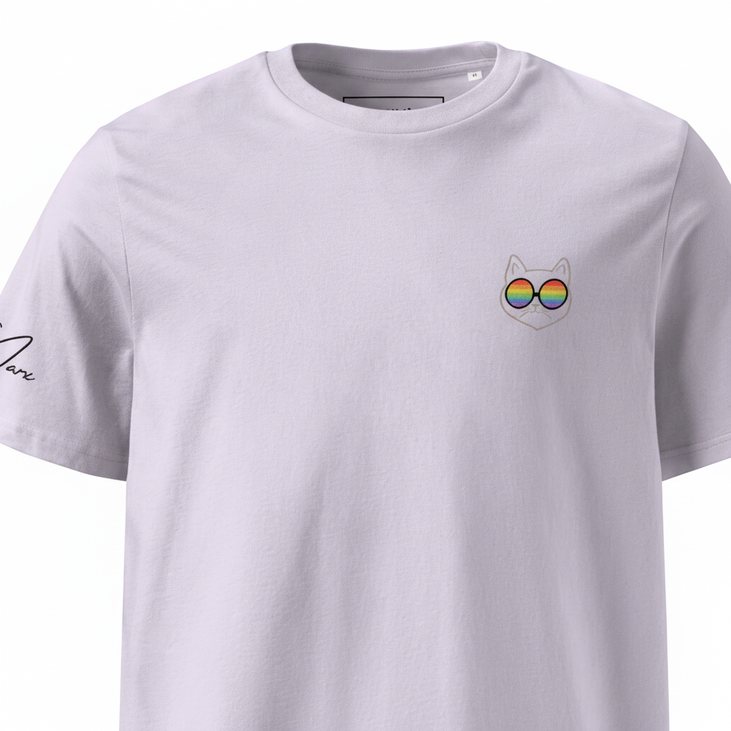 Weißes unisex bio-t-shirt aus baumwolle mit kleinem stickmotiv einer katze mit regenbogensonnenbrille