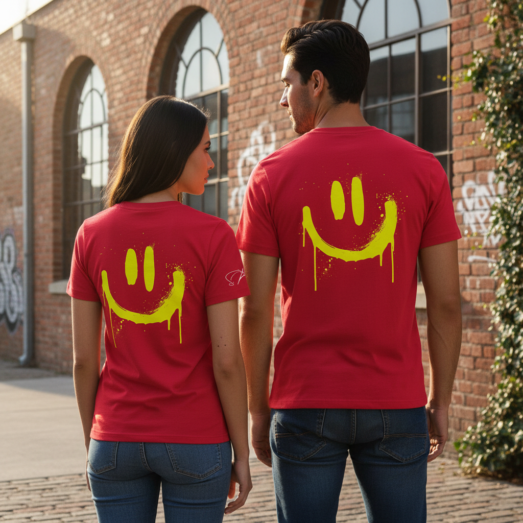 Rotes unisex bio t shirt aus 100% bio baumwolle mit leuchtend gelbem tropfendem lächelndem gesicht auf der rückseite