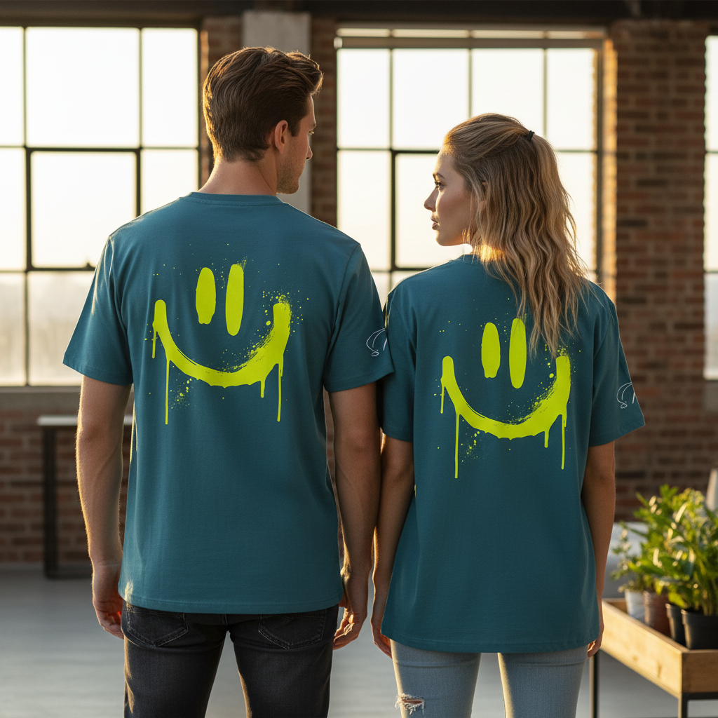 Unisex bio-t-shirt neon smiley mit zitronengelbem tropfendem smiley auf teal farbenem 100 prozent bio-baumwolle shirt