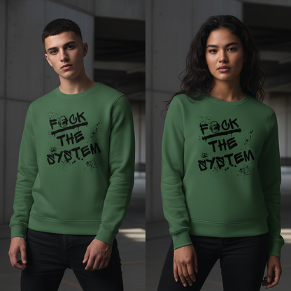 Grüner unisex bio-pullover mit schwarzem fuck the system grafik und splatter-design aus nachhaltigem material