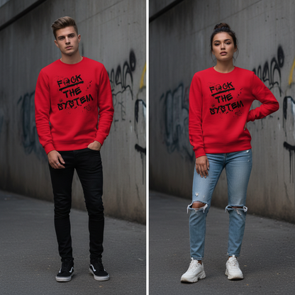 Roter unisex bio-pullover mit langärmeln und schwarzem fck the system grafik sowie spritzdesign