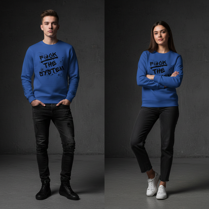 Blauer unisex bio-pullover mit crewneck und schwarzem f*ck the system grafik mit spritzdesign