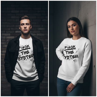 Weißer unisex bio-pullover aus baumwolle mit schwarzem fuck the system grafik und spritzerdesign vorne