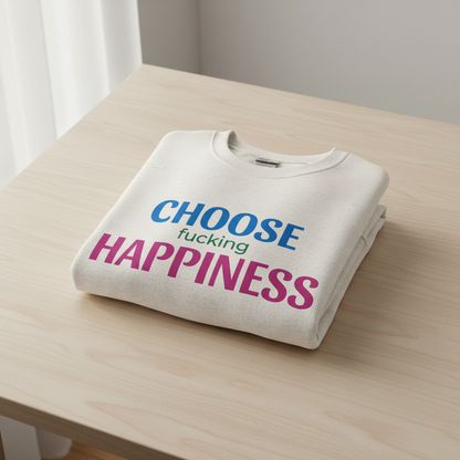 Cremefarbener klassischer fleece-pullover aus baumwolle mit bunter auffälliger schrift choose fucking happiness