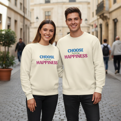 Creamfarbener klassischer fleece-pullover mit choose fucking happiness in blau und pink auf der brust