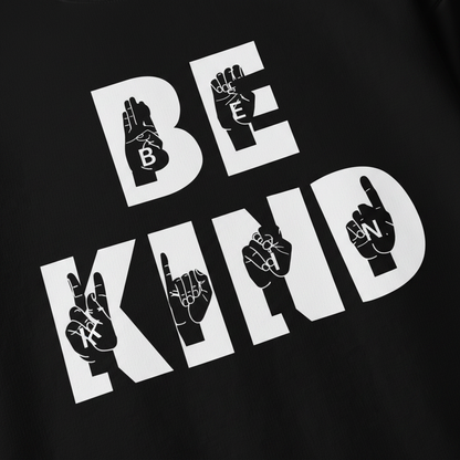 Unisex pullover be kind schwarzer hochwertiger pullover mit weißer handzeichen lettering design