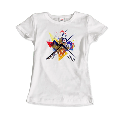 Das Art-O-Rama Shop T-Shirt Wassily Kandinsky auf Weiß II, 1923 zeigt ein farbenfrohes abstraktes geometrisches Design mit Formen, Linien und Mustern in Rot, Gelb, Blau und Schwarz auf der vorderen Mitte.