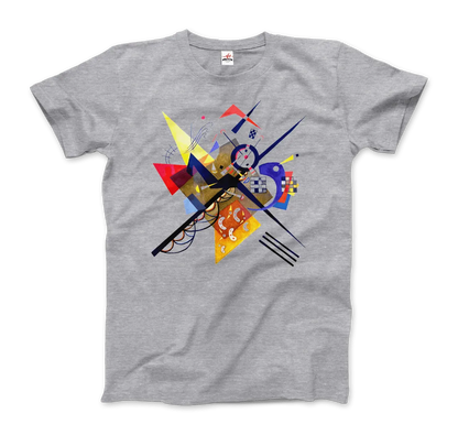 Das T-Shirt Wassily Kandinsky auf Weiß II, 1923 von Art-O-Rama Shop zeigt ein dynamisches, vom Bauhaus inspiriertes abstraktes Design mit farbenfrohen geometrischen Formen - Dreiecke, Kreise, Linien und Quadrate - in Rot, Gelb, Blau und Schwarz.