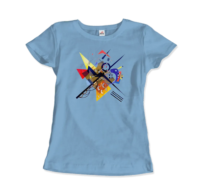 Hellblaues T-Shirt für Frauen Wassily Kandinsky auf Weiß II, 1923 von Art-O-Rama Shop. Abstraktes geometrisches Design mit bunten Formen, Linien und Mustern in Rot, Gelb, Blau und Schwarz auf der vorderen Mitte.