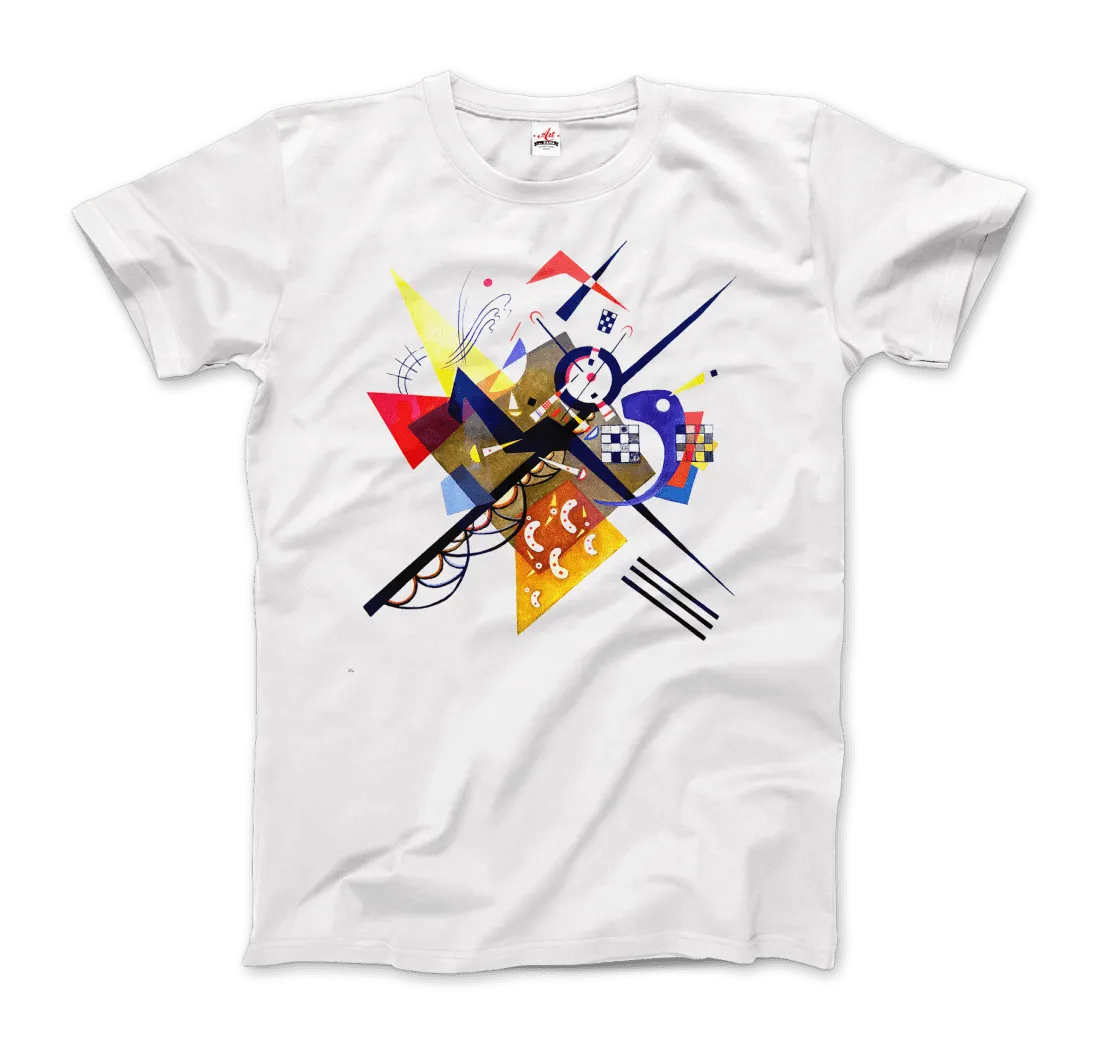 Das "T-Shirt Wassily Kandinsky auf Weiß II, 1923" aus dem Art-O-Rama Shop zeigt ein farbenfrohes, abstraktes, geometrisches Design, das von der modernen Kunst und dem Bauhausstil inspiriert ist.