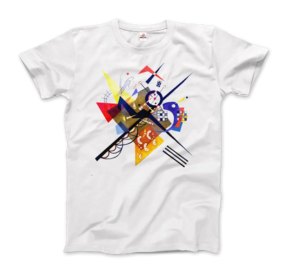 Das "T-Shirt Wassily Kandinsky auf Weiß II, 1923" aus dem Art-O-Rama Shop zeigt ein farbenfrohes, abstraktes, geometrisches Design, das von der modernen Kunst und dem Bauhausstil inspiriert ist.