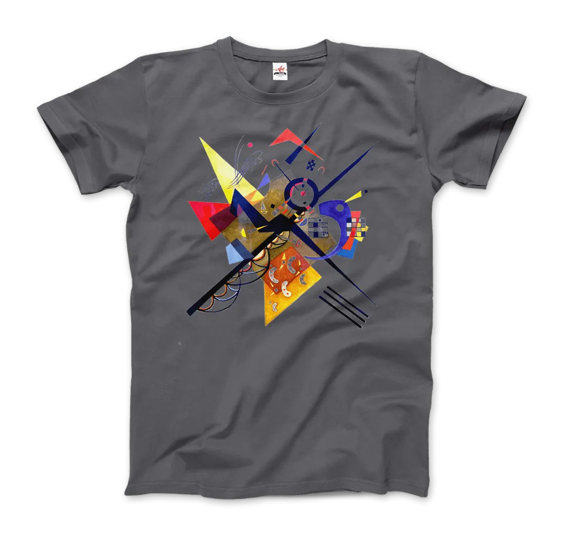 Das "T-Shirt Wassily Kandinsky auf Weiß II, 1923" von Art-O-Rama Shop zeigt ein graues, vom Bauhaus inspiriertes, abstraktes geometrisches Design in Gelb, Rot, Blau und Schwarz mit sich kreuzenden Linien und dynamischen, modernen Mustern auf der Vorderseite.