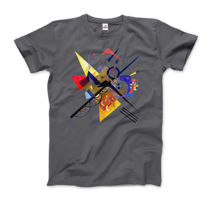 Das "T-Shirt Wassily Kandinsky auf Weiß II, 1923" von Art-O-Rama Shop zeigt ein graues, vom Bauhaus inspiriertes, abstraktes geometrisches Design in Gelb, Rot, Blau und Schwarz mit sich kreuzenden Linien und dynamischen, modernen Mustern auf der Vorderseite.