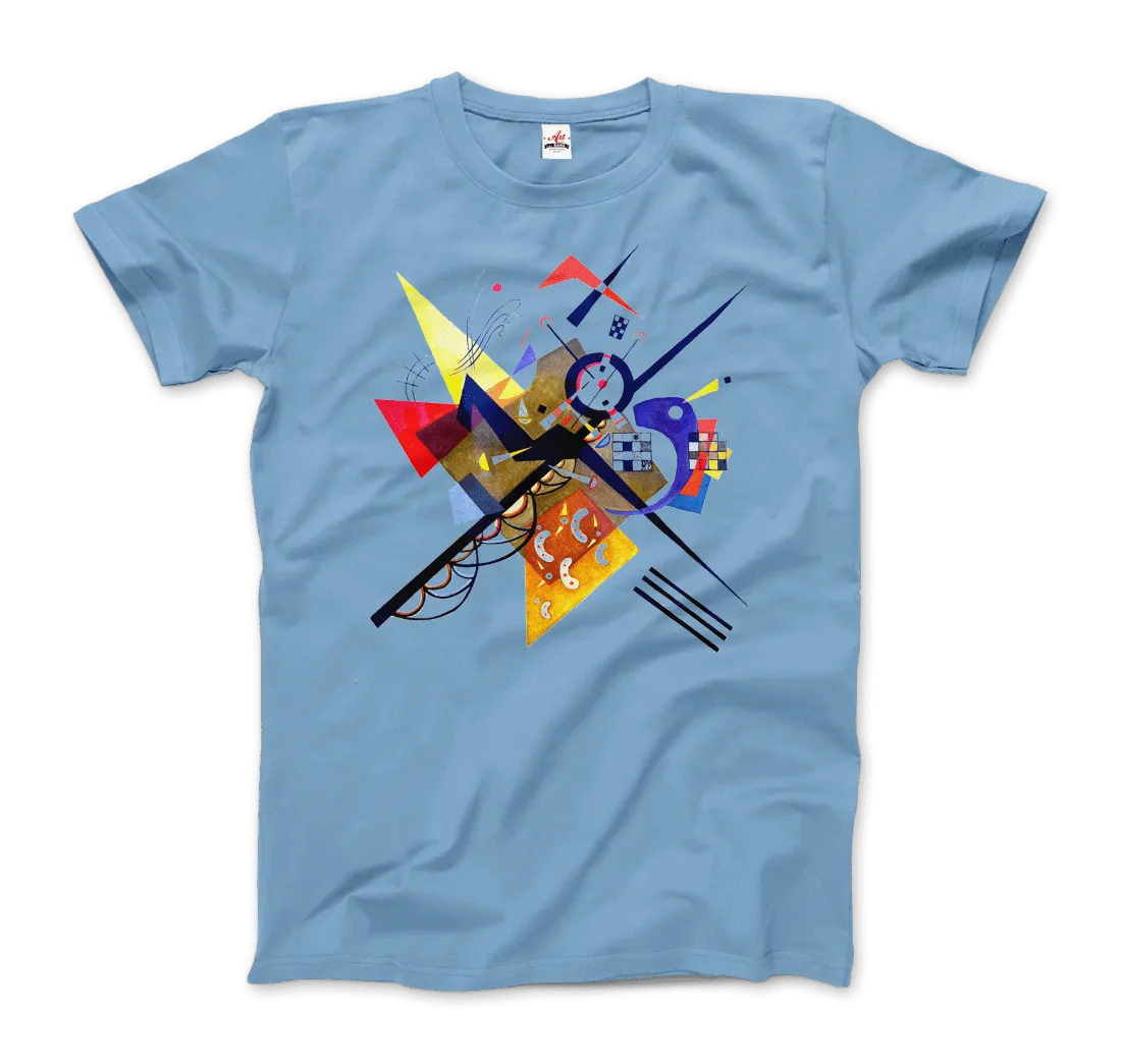 Das T-Shirt Wassily Kandinsky auf Weiß II, 1923 von Art-O-Rama Shop zeigt einen abstrakten, geometrischen Druck mit bunten gelben, roten, schwarzen, blauen und orangenen Formen, die von der modernen Kunst inspiriert sind.