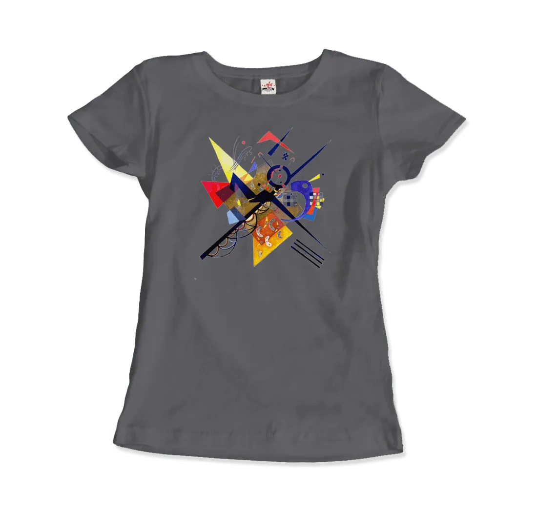 Dunkelgraues Damen-T-Shirt von Art-O-Rama Shop mit Wassily Kandinskys abstraktem Entwurf White II (1923) mit bunten geometrischen Formen, Linien und Kreisen auf der Vorderseite.