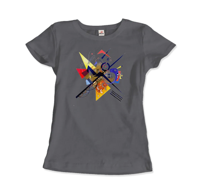 Dunkelgraues Damen-T-Shirt von Art-O-Rama Shop mit Wassily Kandinskys abstraktem Entwurf White II (1923) mit bunten geometrischen Formen, Linien und Kreisen auf der Vorderseite.