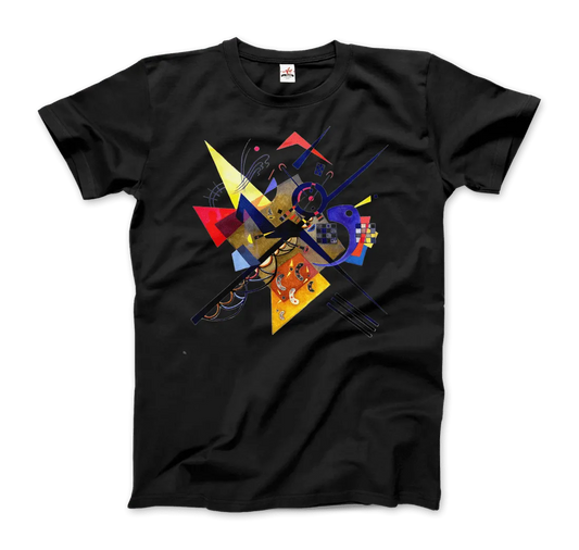 Das "T-Shirt Wassily Kandinsky auf Weiß II, 1923" von Art-O-Rama Shop zeigt ein lebendiges, vom Bauhaus inspiriertes geometrisches Design mit bunten Formen auf der Vorderseite und bringt modernistischen Stil in Ihre Garderobe.