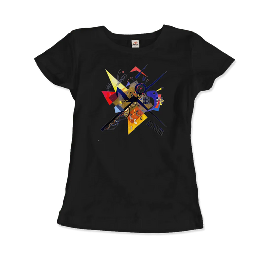 Das Art-O-Rama Shop T-Shirt "Wassily Kandinsky auf Weiß II, 1923" ist ein schwarzes, kurzärmeliges T-Shirt mit einem abstrakten, geometrischen Frontdesign aus gelben, roten, blauen und orangen Dreiecken, Kreisen und Linien.