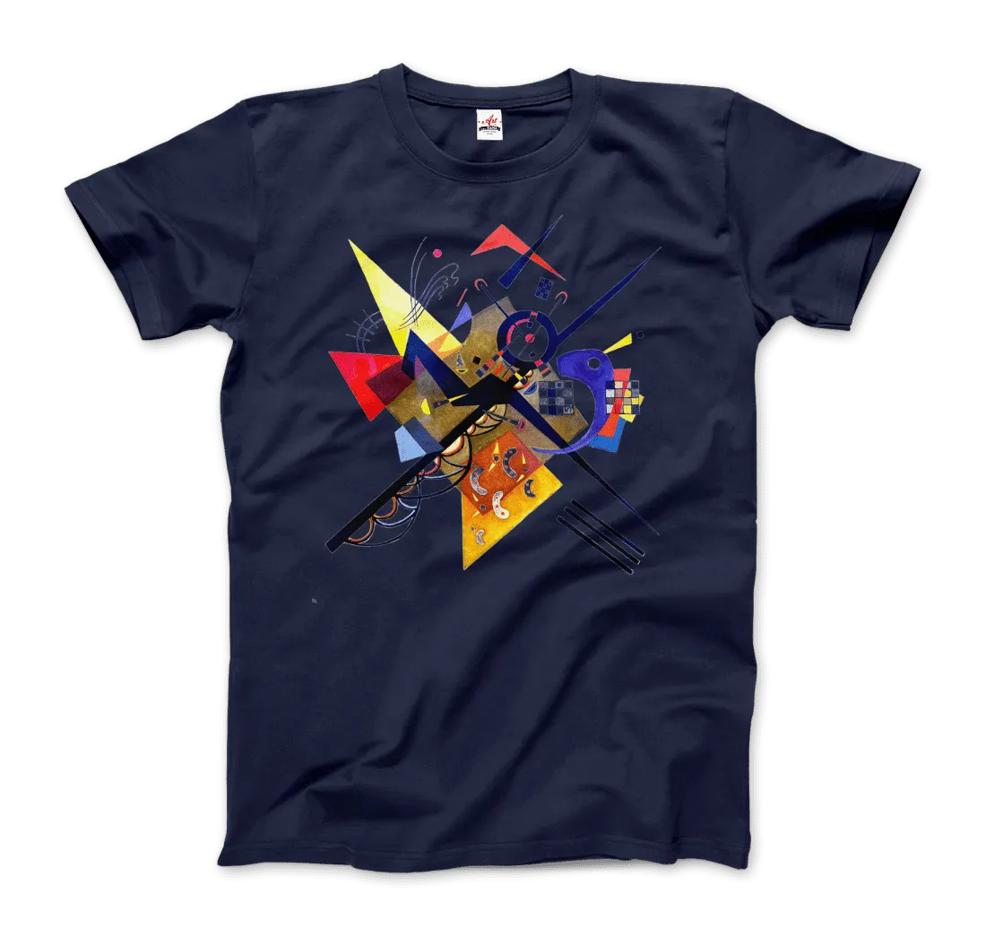 Das "T-Shirt Wassily Kandinsky auf Weiß II, 1923" aus dem Art-O-Rama Shop zeigt ein marineblaues, abstraktes, geometrisches Design mit bunten, von der modernen Kunst inspirierten Formen und Linien.