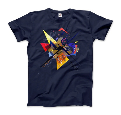 Das "T-Shirt Wassily Kandinsky auf Weiß II, 1923" aus dem Art-O-Rama Shop zeigt ein marineblaues, abstraktes, geometrisches Design mit bunten, von der modernen Kunst inspirierten Formen und Linien.